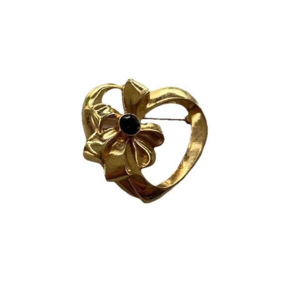 Vintage Avon Gold Tone May Birthstone Green Rhinestone Heart with Bow Brooch Pin - Picture 1 of 9